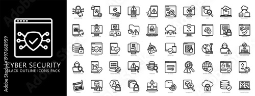 Cyber Security outline icons pack. contain encryption, antivirus, biometric, privacy, certificate, database, protection, defense, phishing and more. Best for UI or UX kit, web and app development.