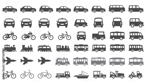 Collection of dark gray silhouette of various vehicles and modes of transport automobile sedan hatchback