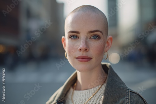 Candid fashion portrait of a fair-skinned woman with a bold, minimalist look against a city backdrop