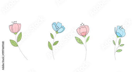 “Minimal Pastel Spring Flowers Vector Set with Leaves, Cute Simple Floral Elements, Flat Botanical Illustration”