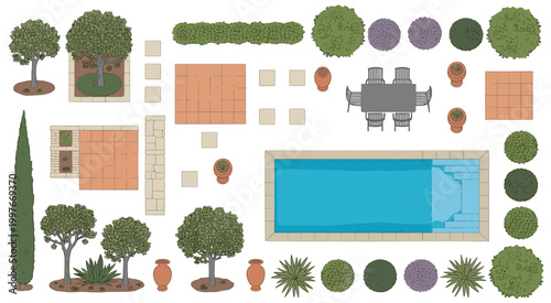 Down view of a garden layout with swimming pool patio dining area and various plants