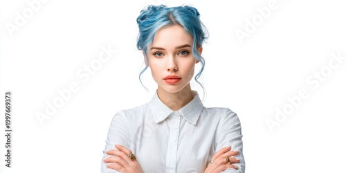 Young Woman Portrait with Crossed Arms on White Background