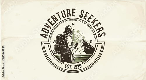 Adventure seeker graphic with compass and mountain illustration