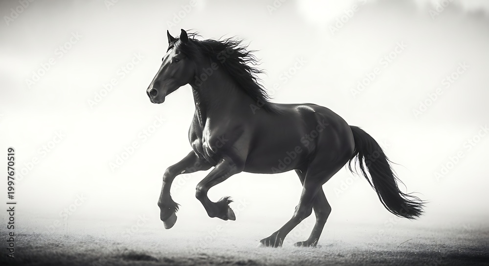 Obraz premium Majestic black horse galloping freely across a sandy beach in dramatic monochrome