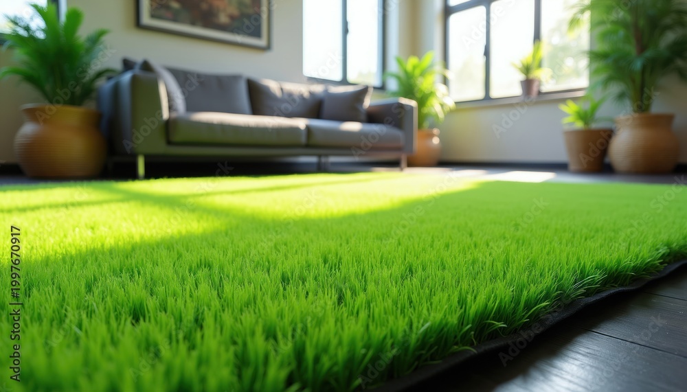 Fototapeta premium Bright green artificial grass carpet covers dark floor inside modern room. Soft synthetic turf roll is next to a grey sofa with potted plants.