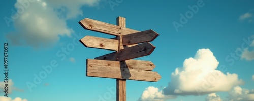Wooden directional signpost with multiple arrows points in various ways. Clear blue sky with fluffy white clouds serves as background. Indicates choices, paths, and decisions ahead.