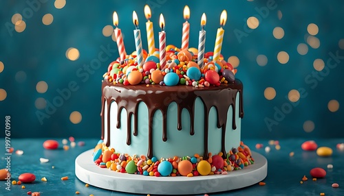 A vibrant 3D celebration cake bursting with candy toppings, dripping glossy chocolate cascading down its sides, set against a rich cerulean backdrop with playful lighting and a whimsical party vibe