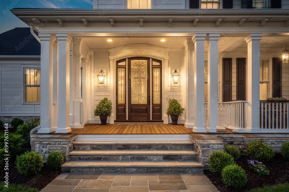 Fototapeta premium Grand doorway with classic woodwork, columns, and a warm wooden terrace for an upscale home
