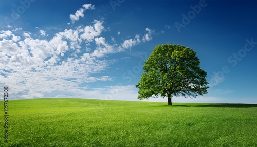 a solitary elm tree on a rolling green meadow under a bright sky with scattered clouds symbolizing peace and solitude