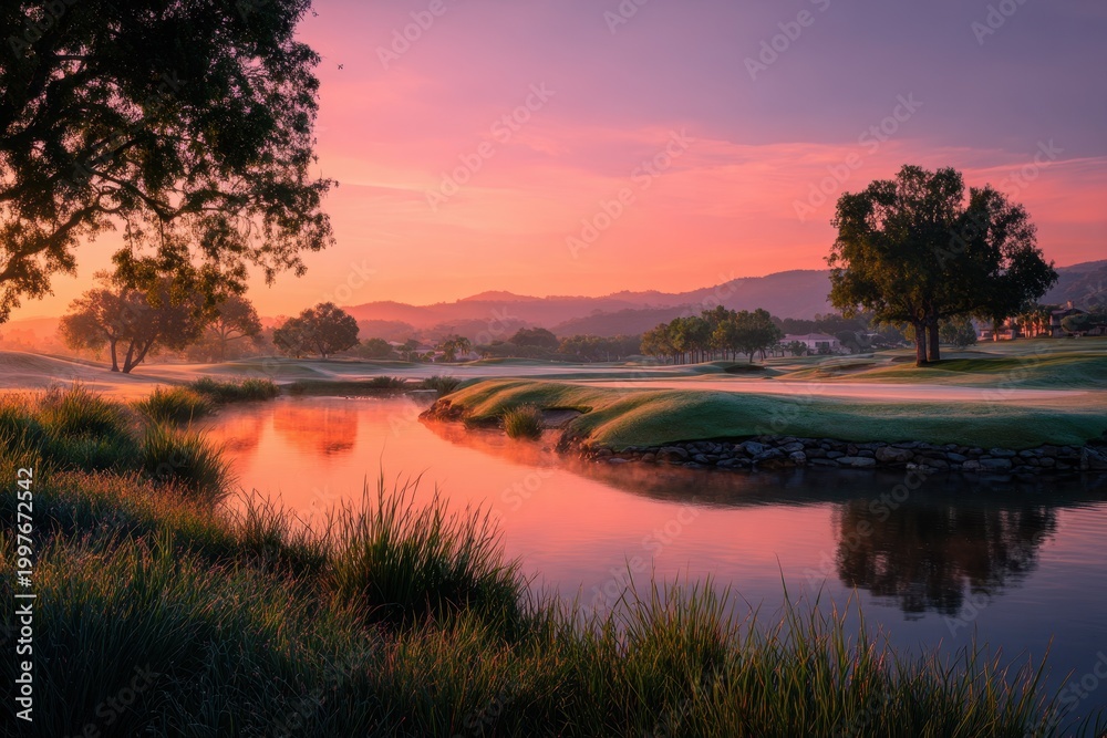 Obraz premium Golden Hour Golf: Serene Sunrise Course with Rolling Greens and Tranquil Light