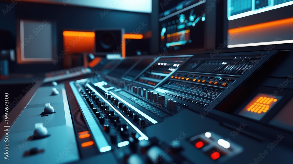 Fototapeta premium Studio sound engineering equipment featuring an audio mixer with glowing interfaces and displays, creating a modern and advanced environment for music production