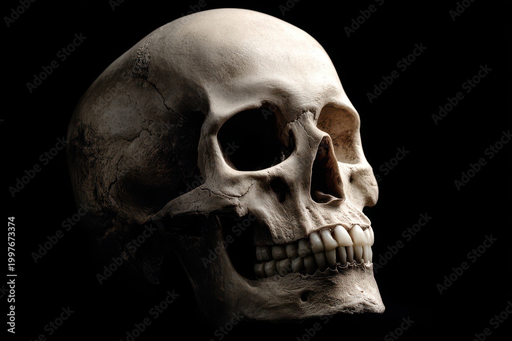 Obraz premium Creepy skull with a sly smile under dramatic lighting on a dark background