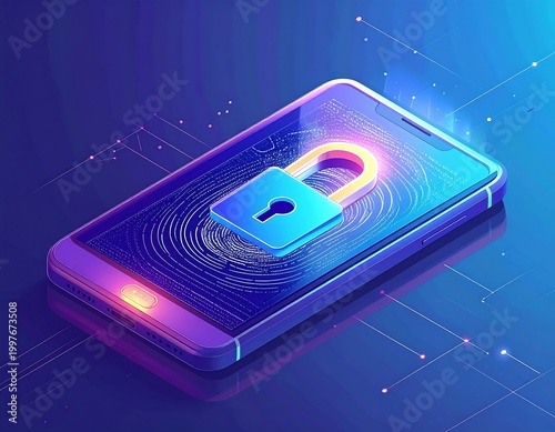 Isometric view shows a smartphone with a padlock. Circuit lines emanate from the phone on a gradient blue background