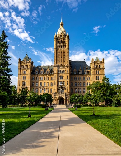 Large ornate building with a central tower and a paved path leading to it, under a blue sky with fluffy clouds