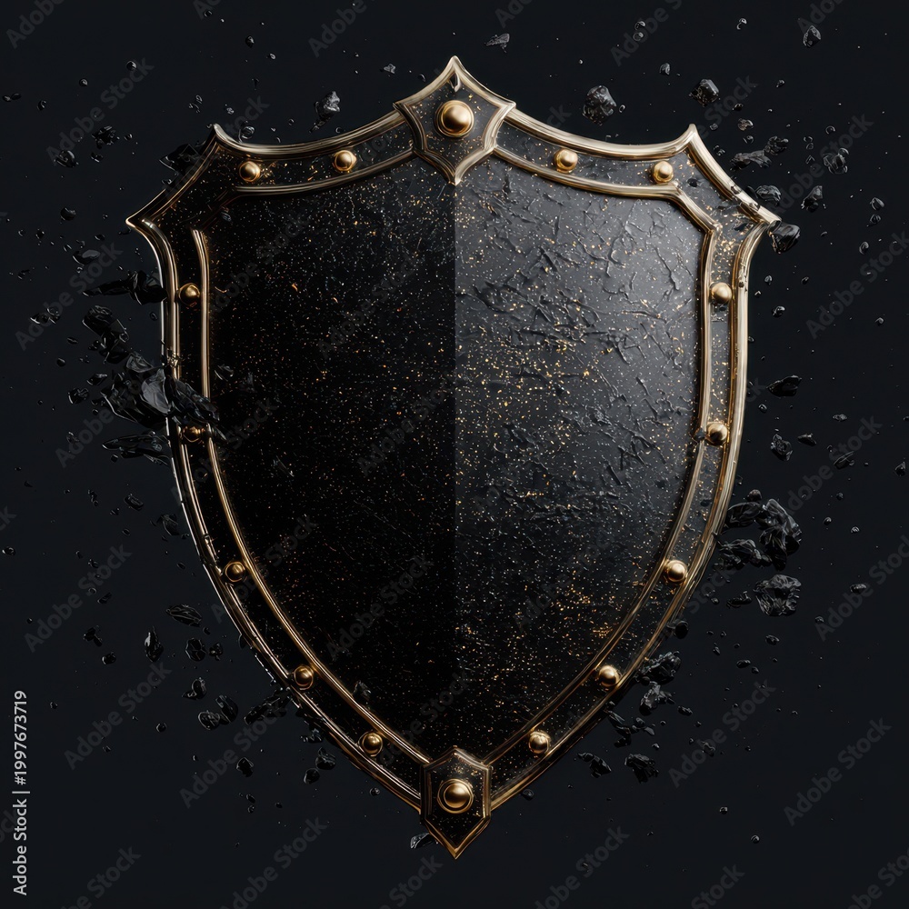 Fototapeta premium Glittering black shield with a gold body and riveted edges â€“ luxurious heraldic crest for branding