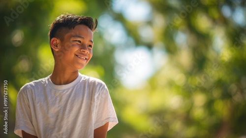 Confident child portrait: Hispanic boy in everyday clothes, side-facing pose and cheerful expression