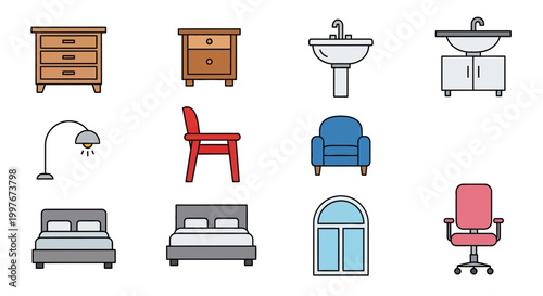 Collection of furniture and home decor items.