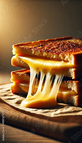 Delicious grilled cheese sandwich with melted cheese strings on wooden board