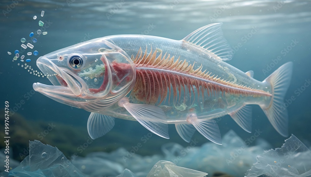 Fototapeta premium Plastic pollution in ocean fish skeleton.