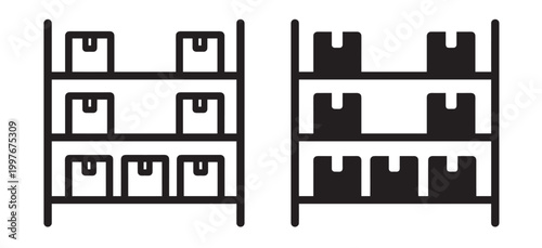 warehouse shelf icon set, storage rack with boxes for logistics and inventory, outline and filled vector collection isolated on transparent background