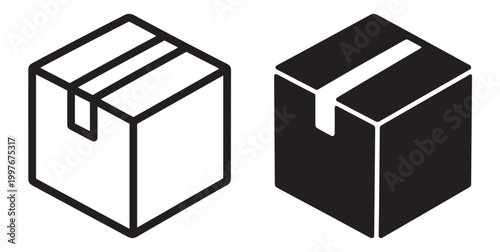 cardboard box icon set, package shipping and delivery symbol with tape, outline and filled vector collection isolated on transparent background