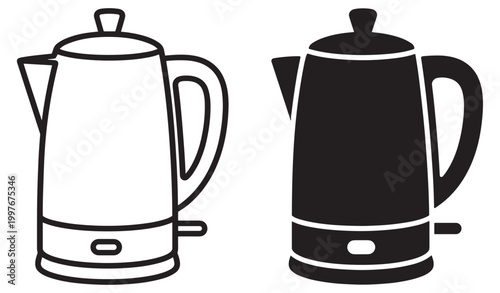 electric kettle icon set, kitchen appliance for boiling water, outline and filled vector collection isolated on transparent background