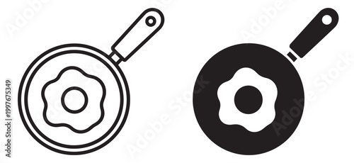 frying pan with egg icon set, kitchen cookware for cooking breakfast, outline and filled vector collection isolated on transparent background