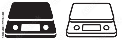 kitchen scale icon set, weighing device with display and controls, outline and filled vector collection isolated on transparent background