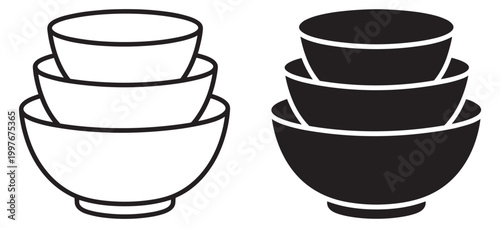 stacked bowls icon set, kitchen tableware container for food serving, outline and filled vector collection isolated on transparent background