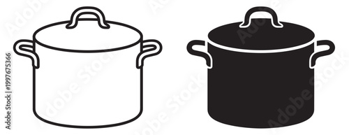 cooking pot icon set, kitchen cookware container with lid and handles, outline and filled vector collection isolated on transparent background