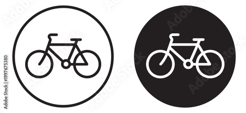 bicycle icon set, bike transport symbol in circle badge style, outline and filled vector collection isolated on transparent background