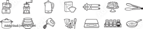 kitchen utensil icon set, cooking appliances and cookware symbols, outline vector collection isolated on transparent background