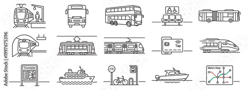 public transport icon set, bus train metro tram station and travel symbols, outline vector collection isolated on transparent background