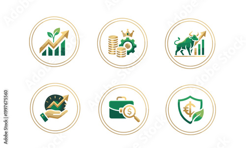 Financial Investment Growth Icons Set with Bull Market Chart, Portfolio Management, Wealth Accumulation, Risk Protection, and Professional Asset Strategy Graphics