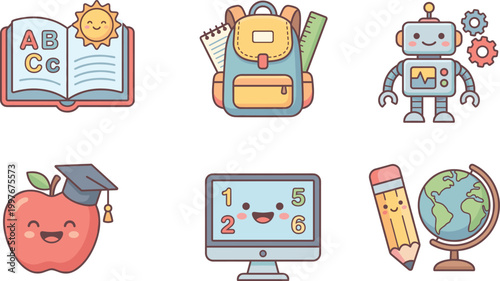 Cute Kawaii Education Icon Set Featuring School Backpack, ABC Book, Robot, Apple Graduate, Globe, and Learning Computer for Kids Design