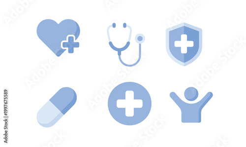 Blue healthcare icon set featuring heart with cross, stethoscope, medical shield, pill capsule, hospital sign, and happy patient wellness person.