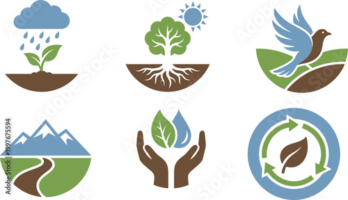 Environmental, conservation, and, nature, icons, set, featuring, sustainable, ecology, symbols, like, recycling, green, leaves, trees, water, drops, and, wildlife, protection.