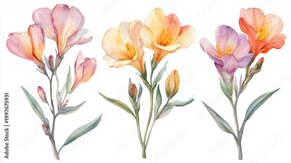 Fototapeta premium Watercolor set of spring freesia flowers isolated on white background Generative AI.