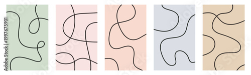 Five vertical abstract backgrounds with thin black organic lines on pastel solid color backgrounds line art