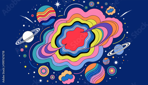 Abstract colorful cosmic nebula illustration with planets, vibrant space background design