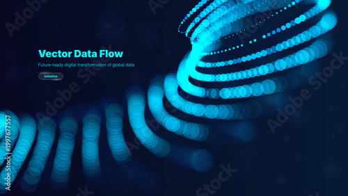 Glowing cyan bokeh columns on a dark technology interface with Vector Data Flow headline and initialize button, ideal vector background for dashboard, startup, and AI web UI.