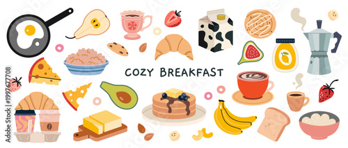 Cozy breakfast set with coffee, croissant, pancakes, eggs, fruit and more. Morning food collection for cafe menu, brunch and comfort concept. Trendy modern vector illustration, hand drawn, flat