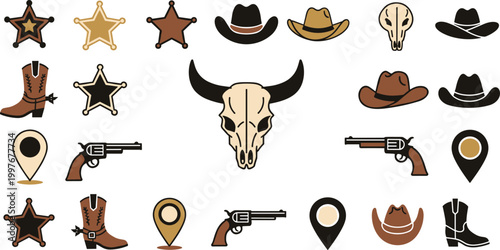 Wild West Icon Set with Cowboy Hats, Boots, Sheriff Star Badges, Revolvers, Skull, and Location Pins for Western Theme Design, Branding, and Vintage Illustrations