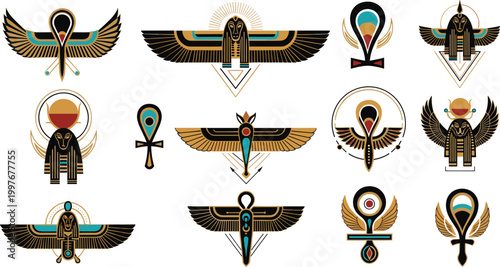 Ancient Egyptian Symbols Set with Winged Scarab, Ankh, Horus Wings, Sacred Emblems, and Mythology Icons for History, Culture, and Decorative Design Projects