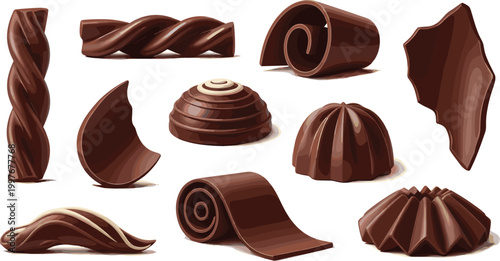 Assorted Chocolate Shapes Collection with Glossy Dark Cocoa Candy Pieces, Dessert Elements, Sweet Treat Icons, and Realistic Confectionery Vector Design Set
