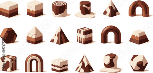 Assorted Chocolate Desserts and Candy Shapes Collection with Cream Filled Layers, Dripping Glaze, Sweet Treat Icons, and Realistic Confectionery Vector Set