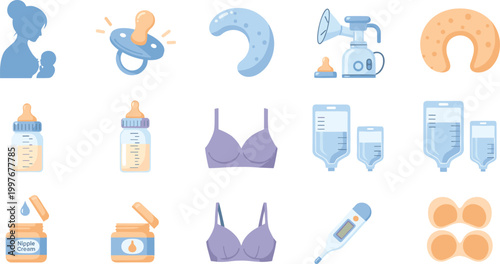 Baby Feeding and Maternal Care Icon Set with Bottles, Pacifiers, Breast Pump, Milk Storage, Nursing Bra, and Infant Health Essentials Vector Collection