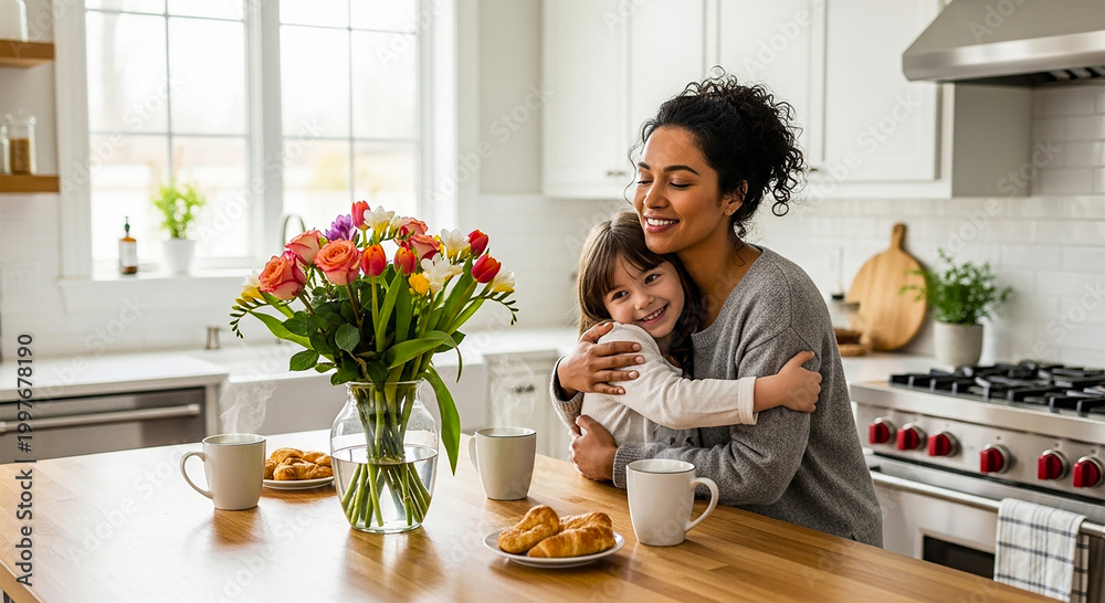 Naklejka premium A mother embracing her child in a cozy kitchen, filled with warmth and love. A vase of vibrant flowers adds a touch of beauty to the scene