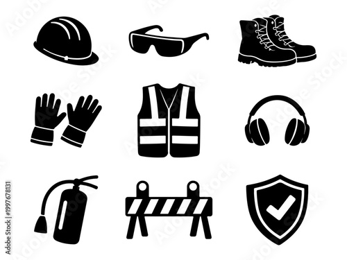 Conjunto de iconos dibujados a mano de equipo de seguridad para trabajadores de empresa y de construcción. Set de siluetas negras de equipo de seguridad sobre fondo transparente. Ilustración vectorial