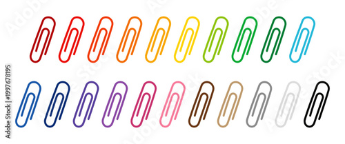 Conjunto de clips para papel de varios colores dibujados a mano aislados en blanco. Ilustración vectorial. Set de íconos de clips de oficina para notas, papelería, organización, bullet journal